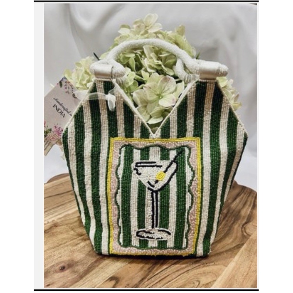 Handcrafted Beaded Martini Glass Striped Tote Bag Green White Cocktail Purse NEW
